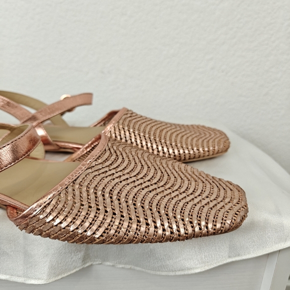 Pilcro Anthropologie Rose Gold Metallic Woven Leather Buckle Flats Size 10 - Picture 7 of 11